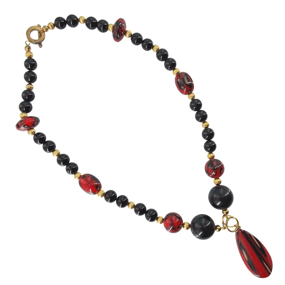 Vintage Black Red Beaded Statement Necklace Teardrop Pendant Toggle
